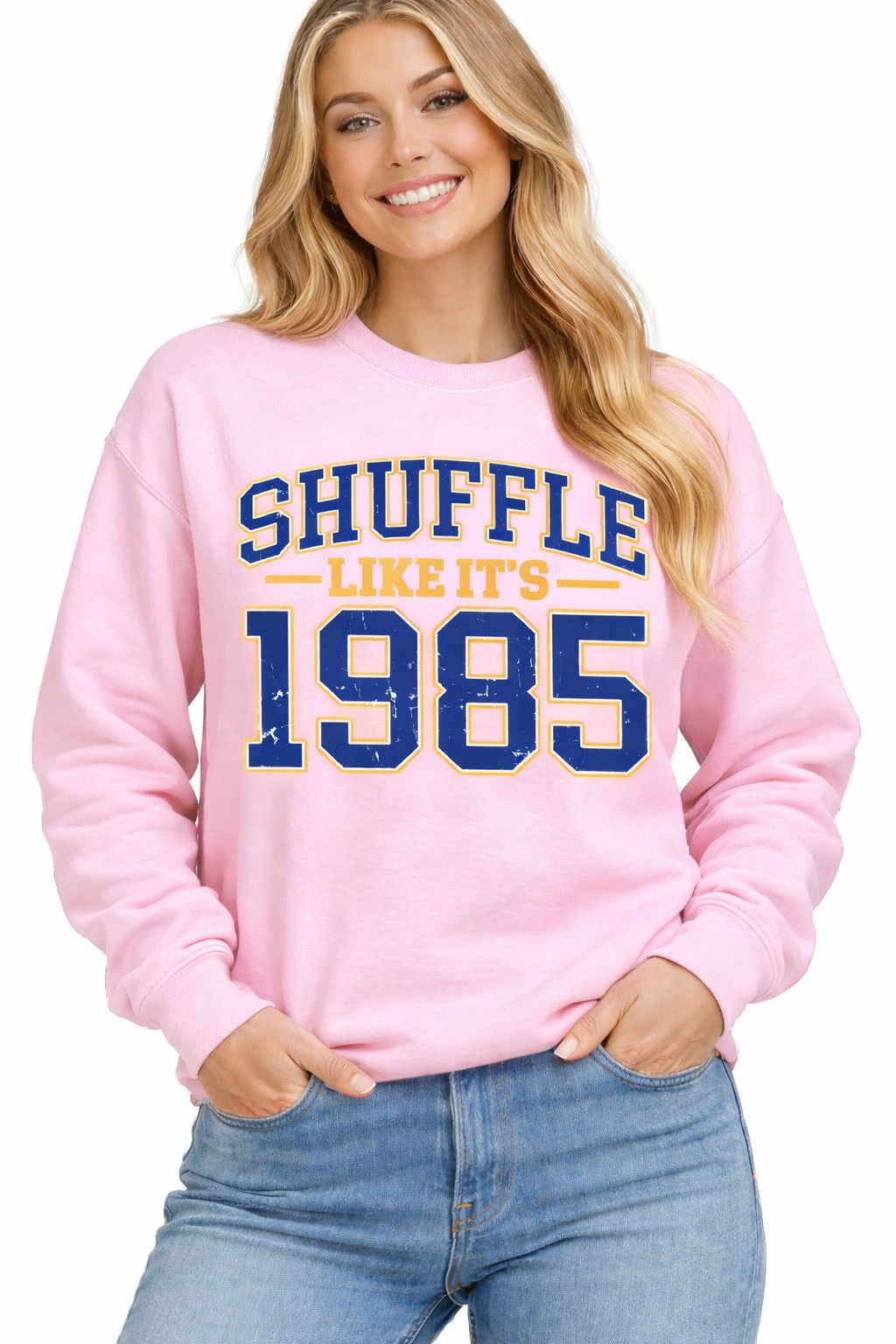 Shuffle like it’s 1985 crewneck BLUE FONT