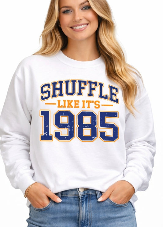 Shuffle like it’s 1985 crewneck BLUE FONT