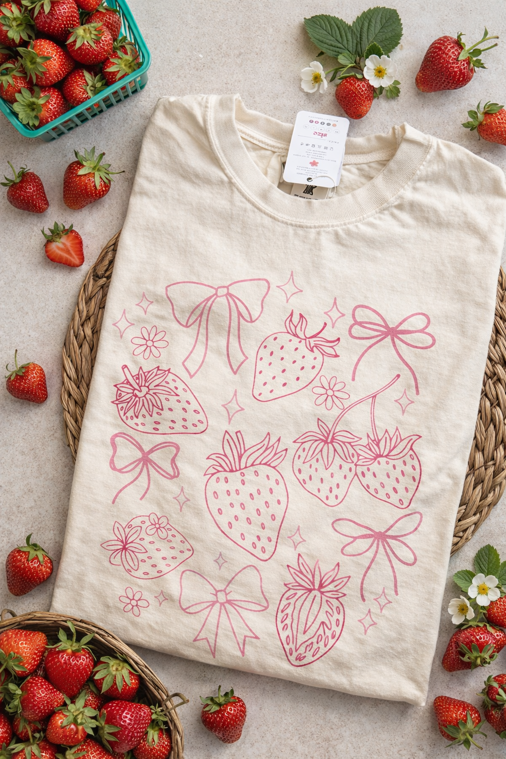 Strawberry Bow Graphic Tee – Cute Strawberry Aesthetic Shirt | Summer Farm Market Apparel