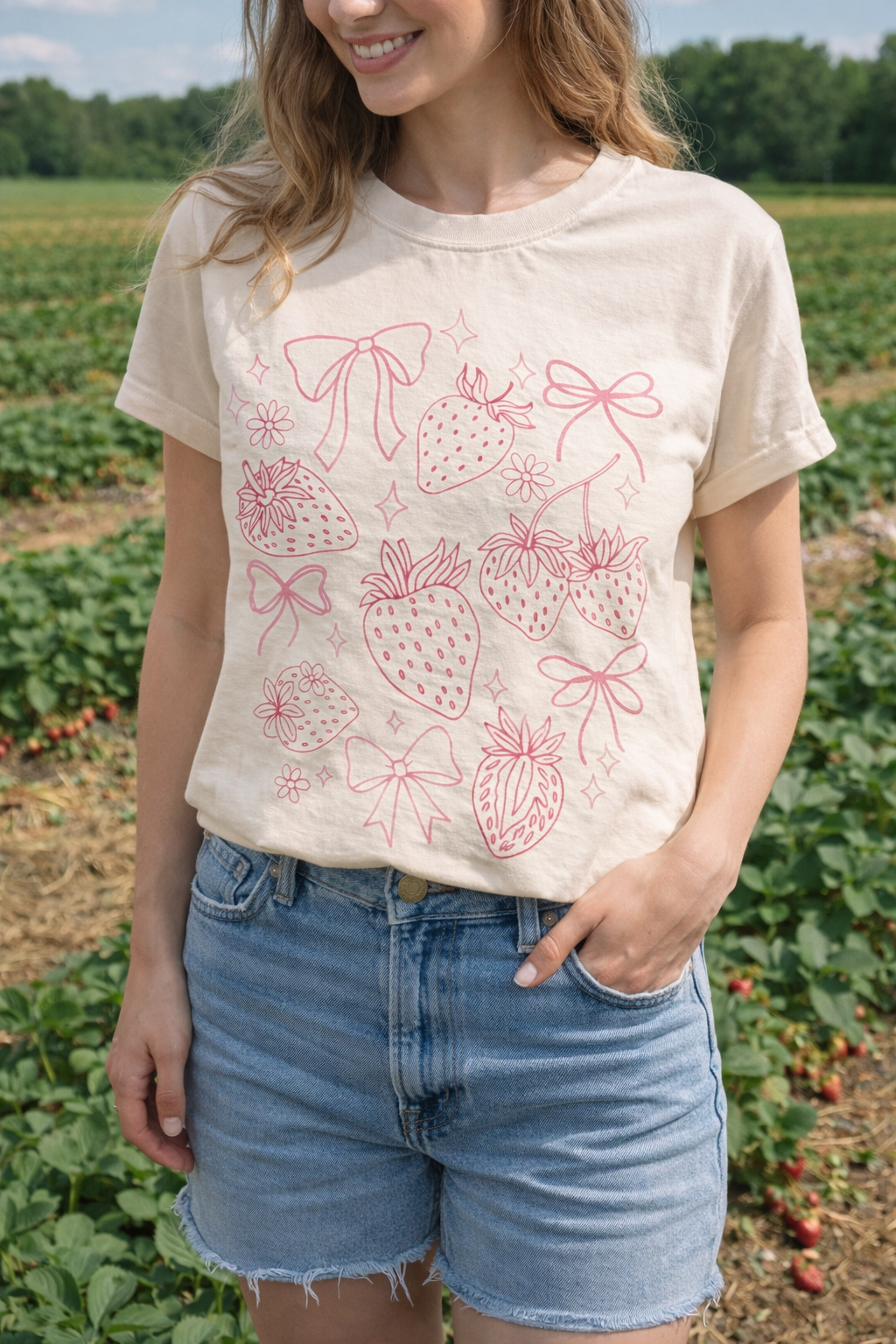 Strawberry Bow Graphic Tee – Cute Strawberry Aesthetic Shirt | Summer Farm Market Apparel