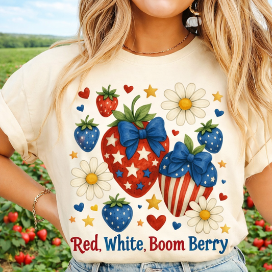 Red, White, Boom Berry Patriotic Strawberry Shirt | Fourth of July Strawberry Farm Graphic Tee